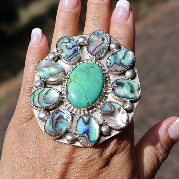 Vintage Navajo Ring Sterling Silver Massive Size Turquoise MOP Unsigned 10.5 *** - Picture 1 of 10
